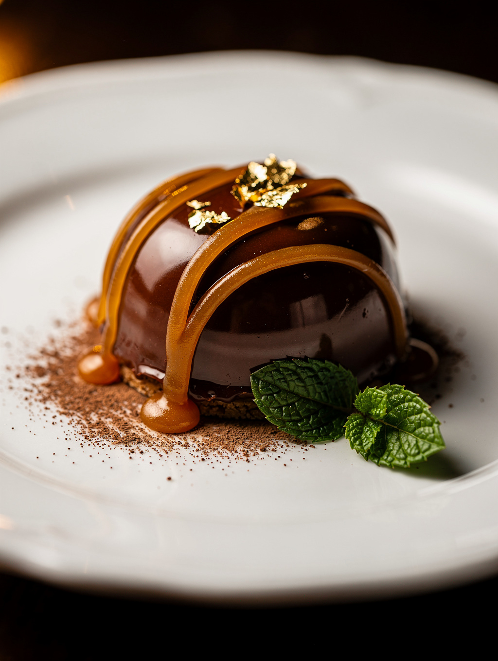 Sculptural chocolate dessert plated in a candlelit dining room
