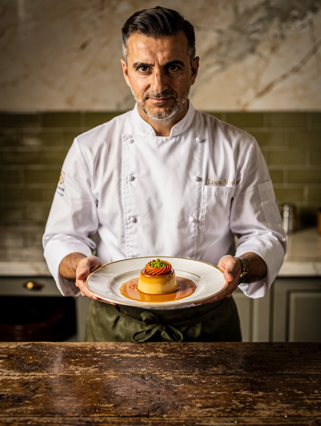 Dessert Architect Luca Moretti plating a modern chocolate tart