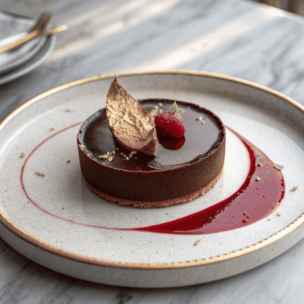 Rich dark chocolate ganache tart with seasonal fruit garnish