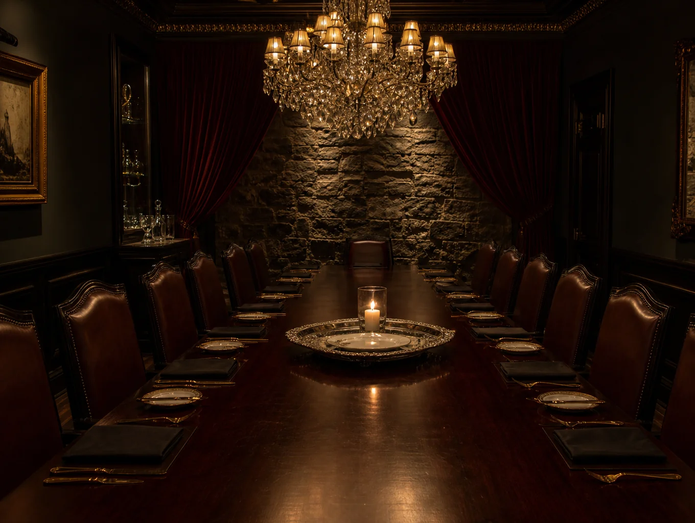 Cozy candlelit dessert salon with elegant plating and glassware