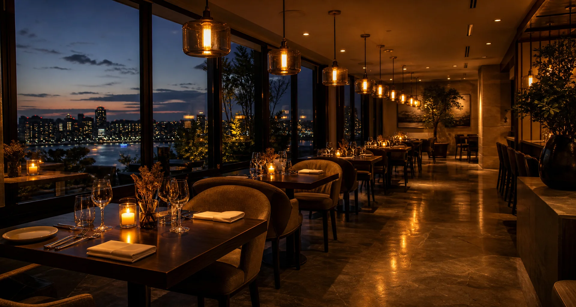 Intimate candlelit dessert salon with warm amber lighting