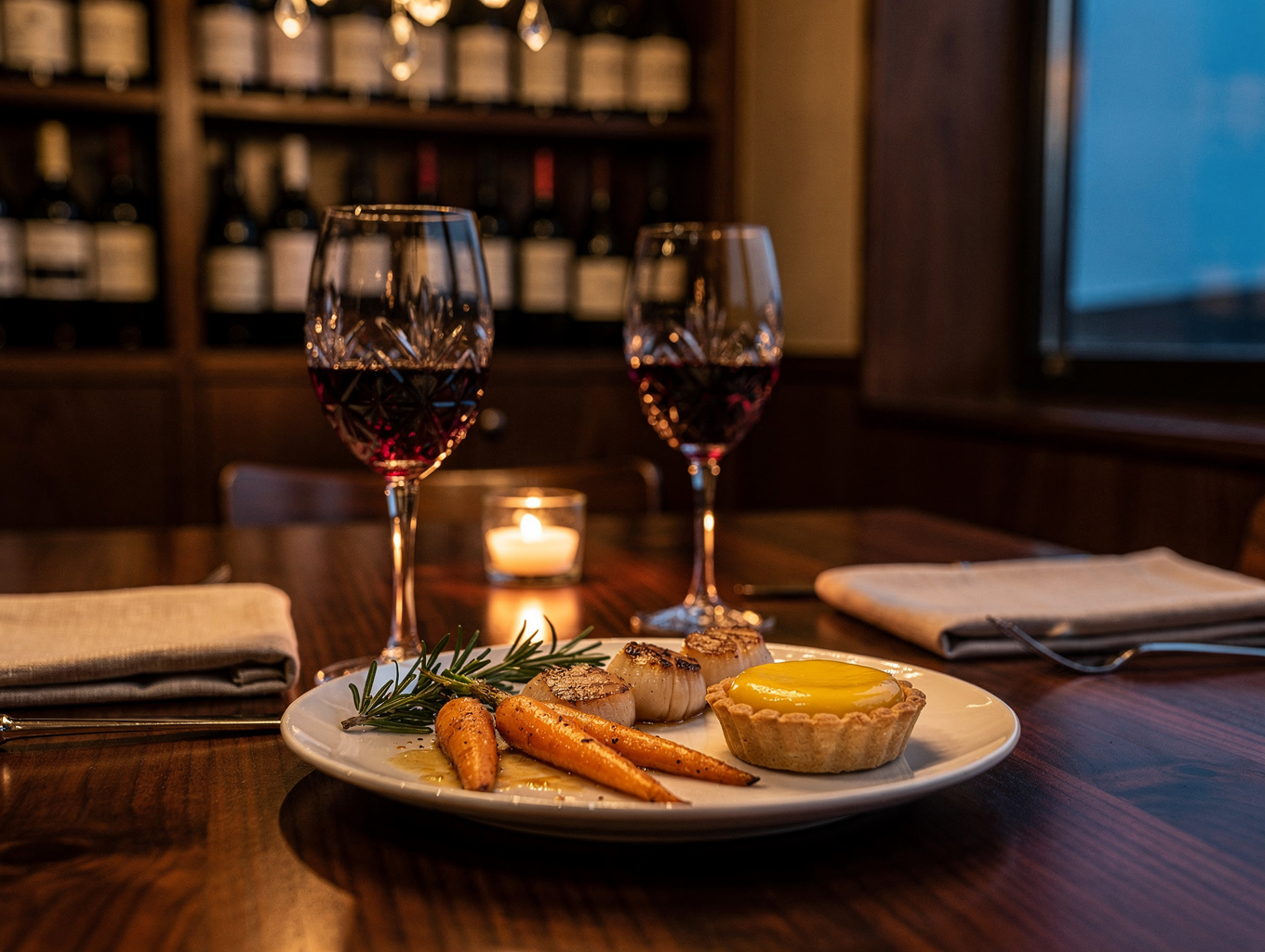 Candlelit dessert salon with wine and sweets