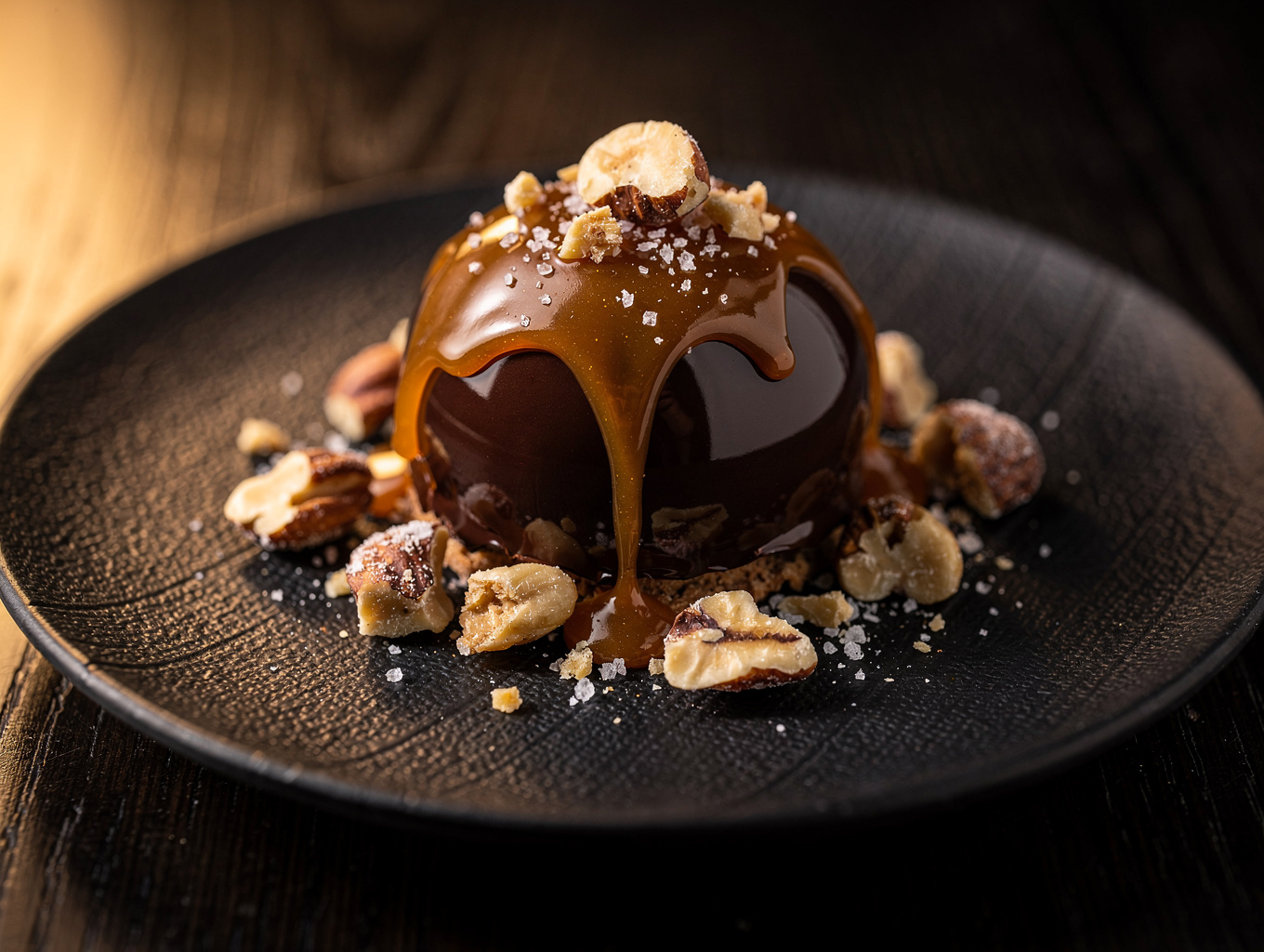 Delicate spun sugar architecture over a rich dark chocolate ganache base