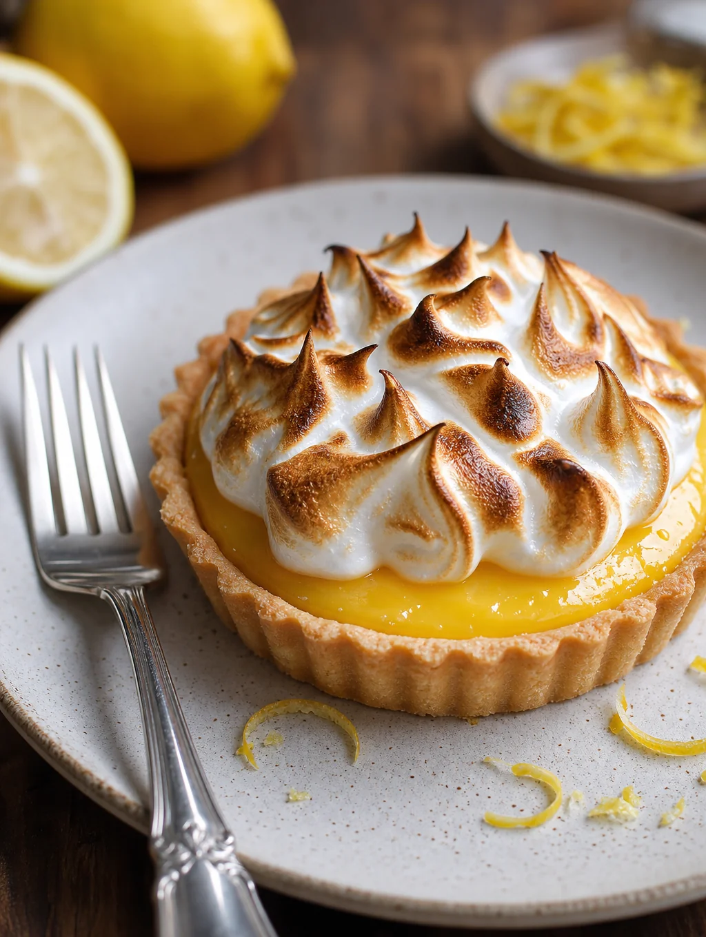 Hand-torched Italian meringue tart with citrus zest and berry coulis
