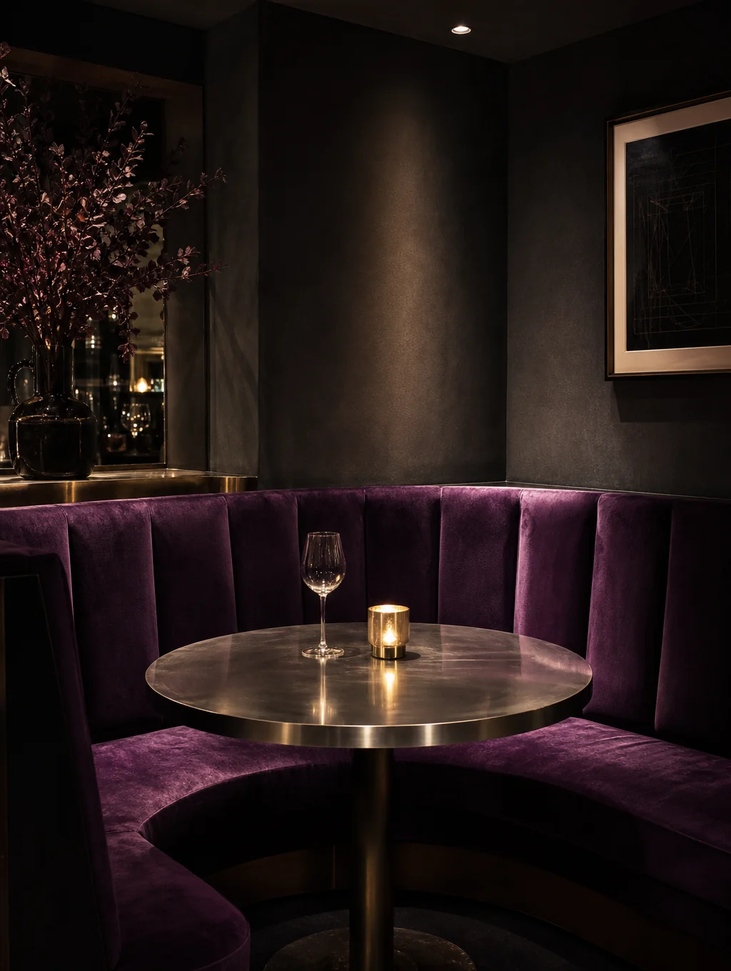 Intimate dark dining room with amber candlelight reflecting on velvet seating