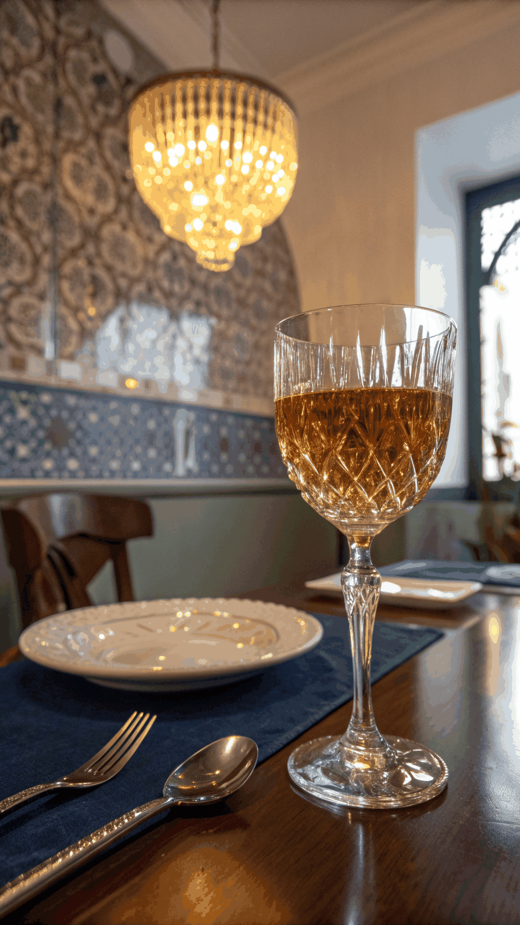 Fine crystal glass of fortified wine next to a plated dessert