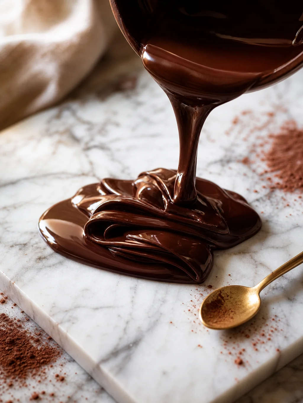 Chef tempering glossy chocolate on a cool marble surface