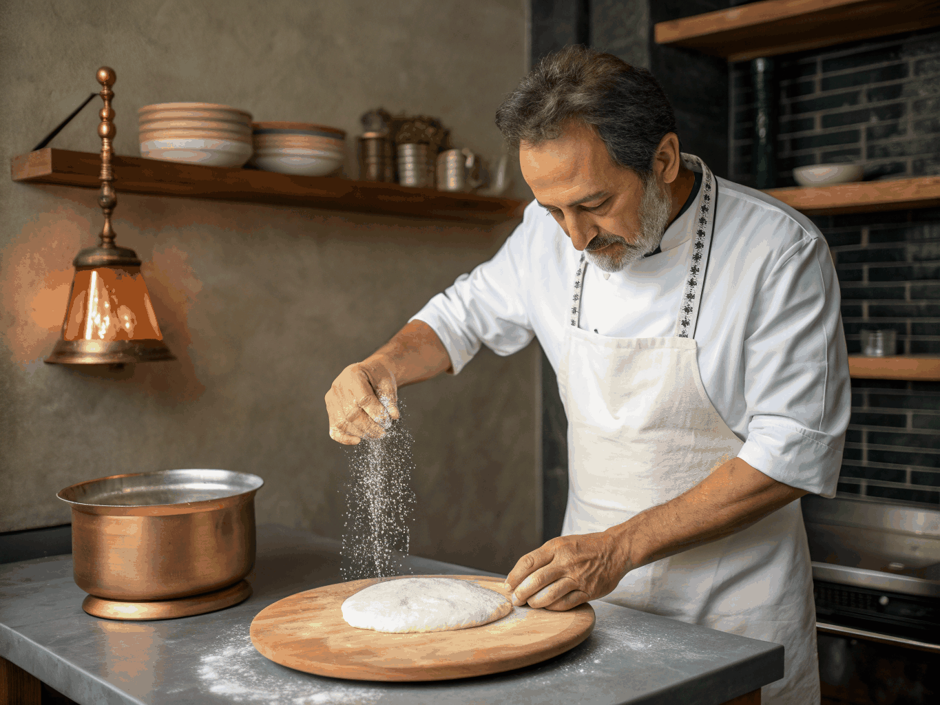 Artisan chef preparing delicate Italian pastries with dusted flour