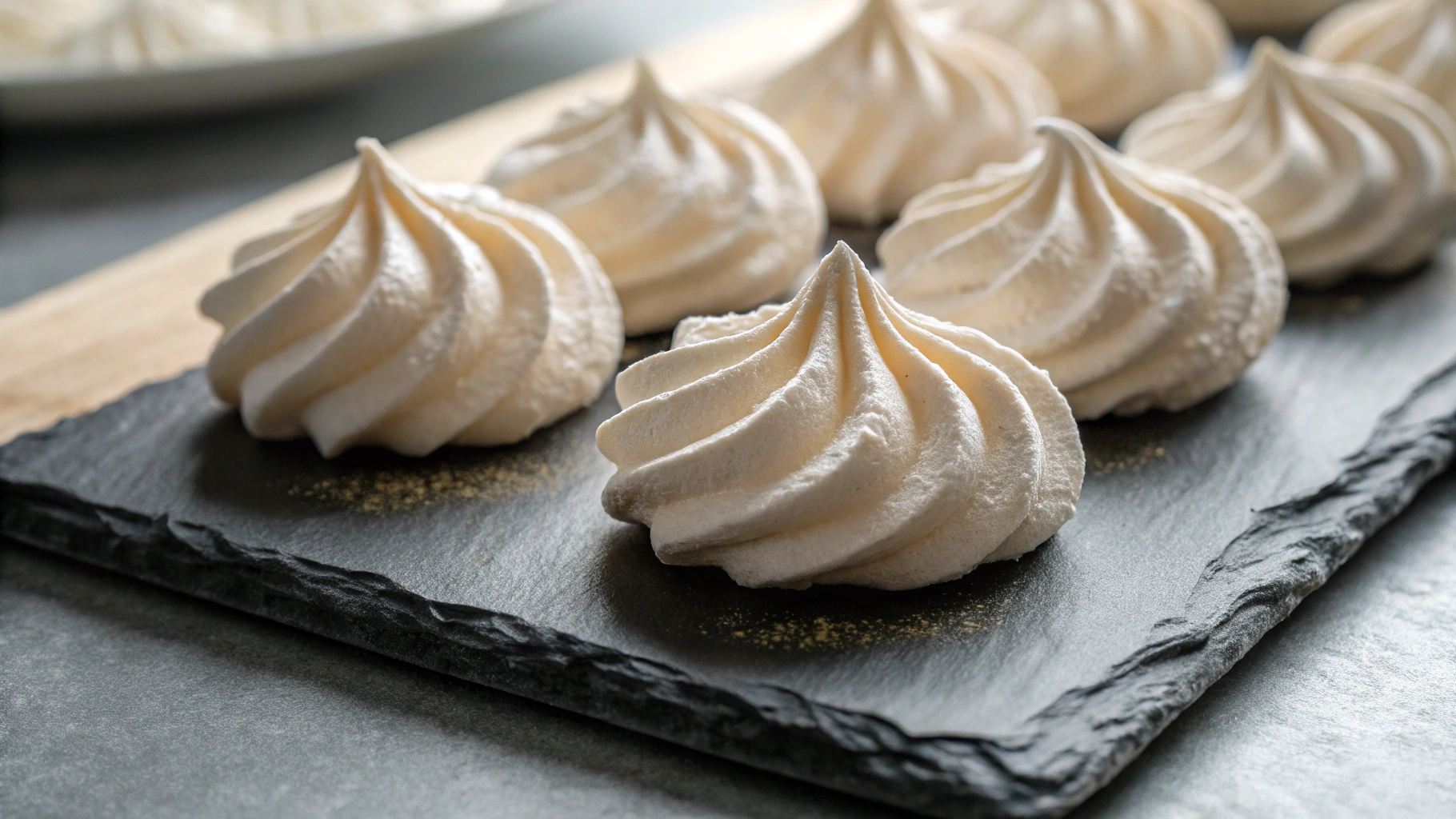 Lightly torched meringue peaks on a dessert plate