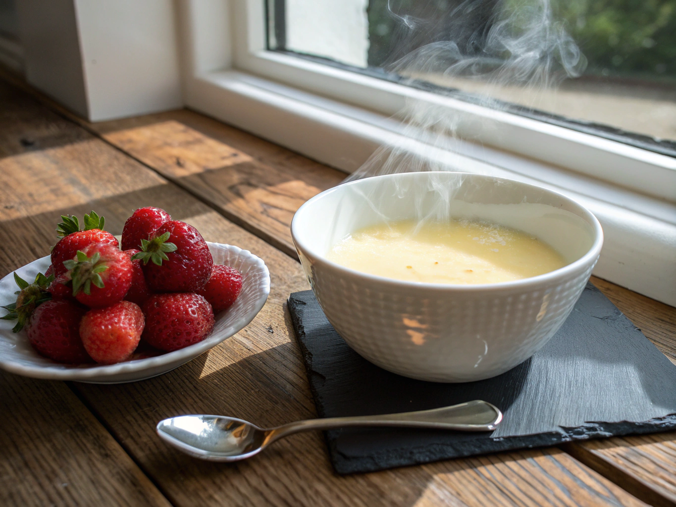 Orchard fruits poached in Vin Santo with zabaglione