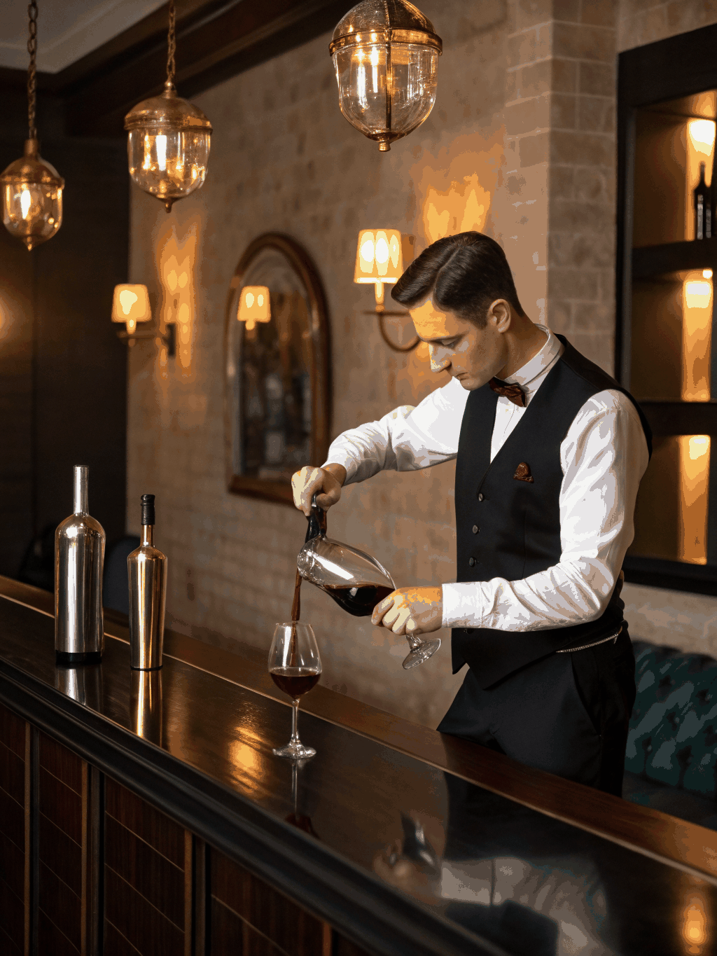 Sommelier pouring amber Vin Santo into crystal glassware